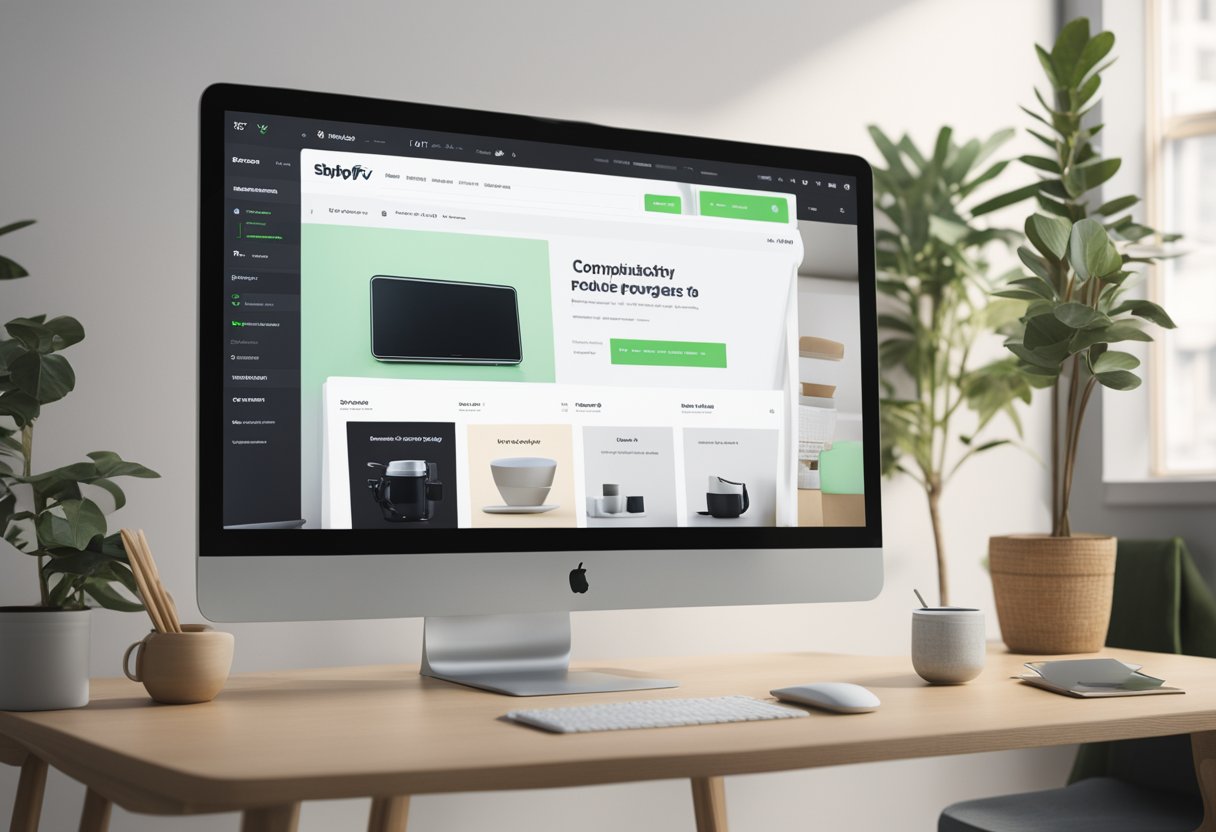 A computer screen displaying a Shopify product page with optimized SEO elements, surrounded by relevant keywords and analytics data
