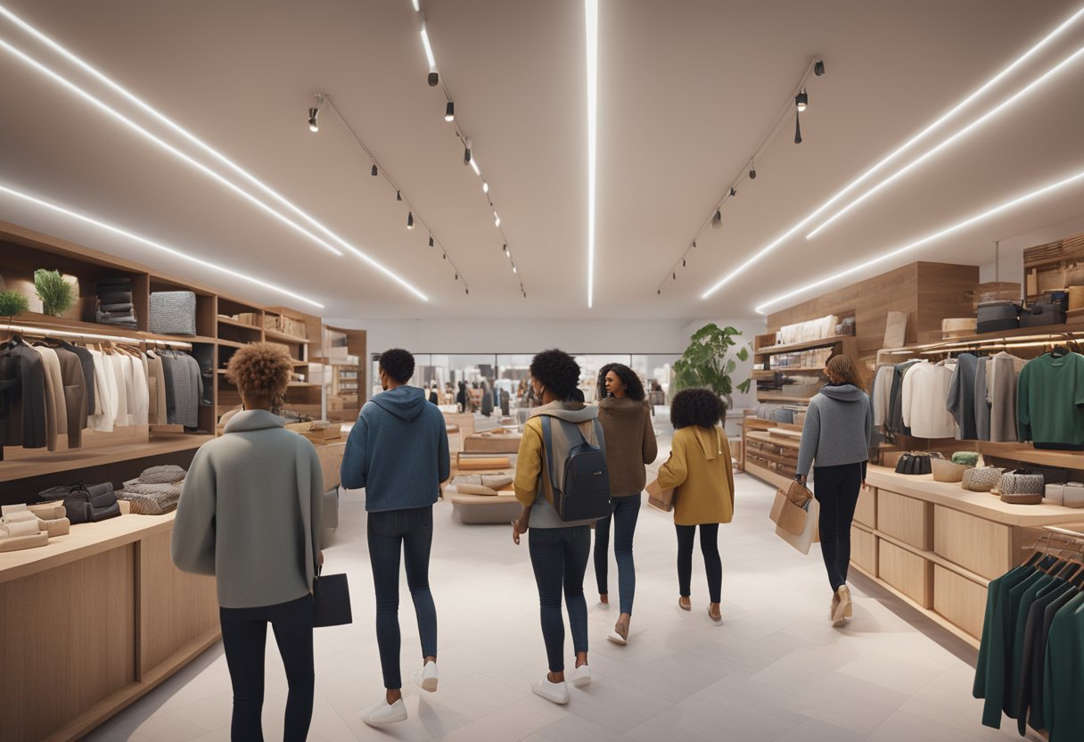 A diverse group of shoppers browsing through various products in a modern, welcoming Shopify store