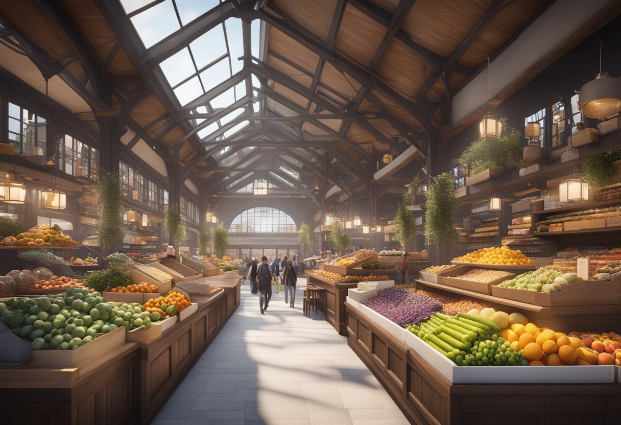 A bustling marketplace with diverse products and modern branding