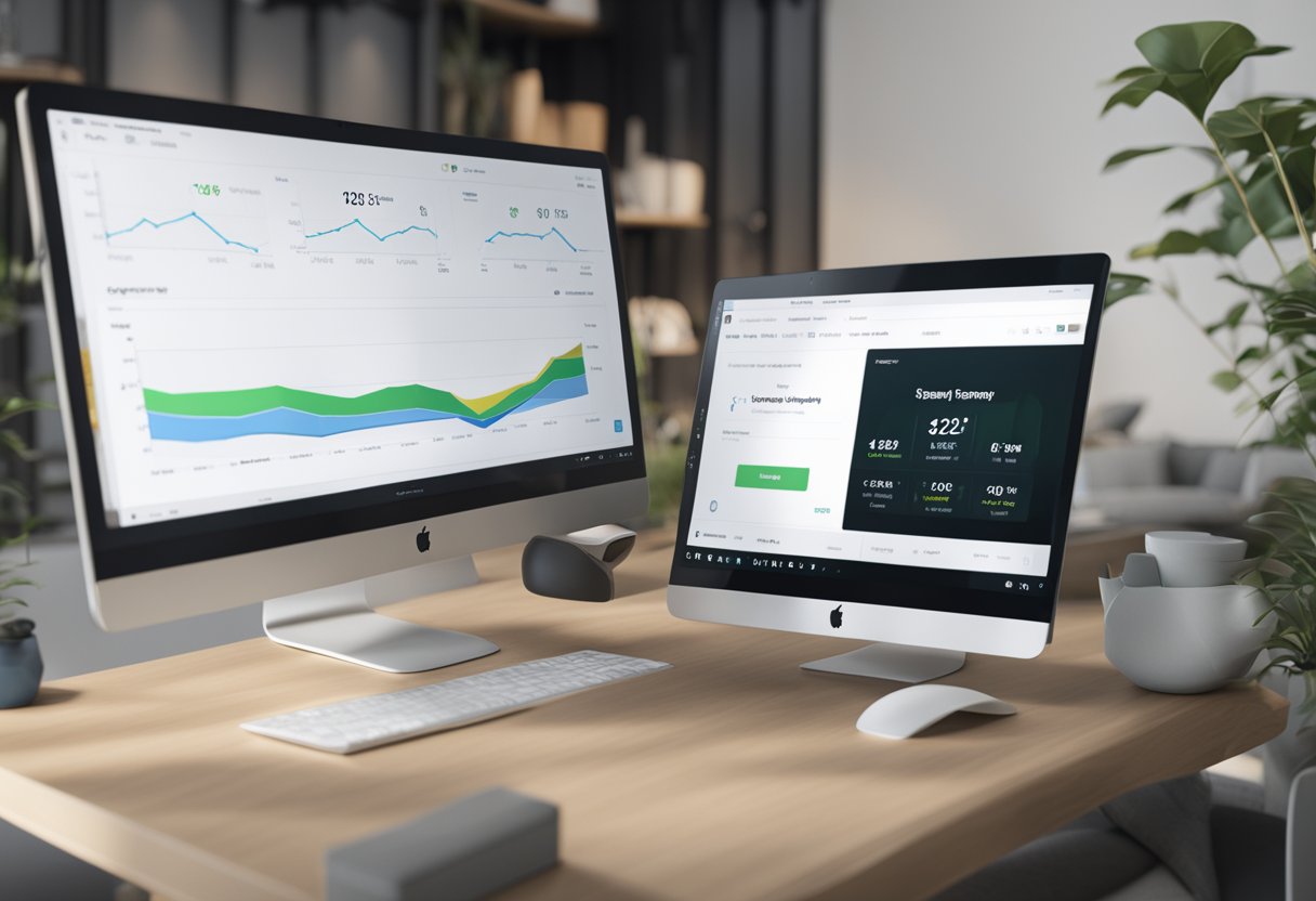 A computer screen displays a Shopify store with a seamless payment process. A graph shows increasing conversion rates