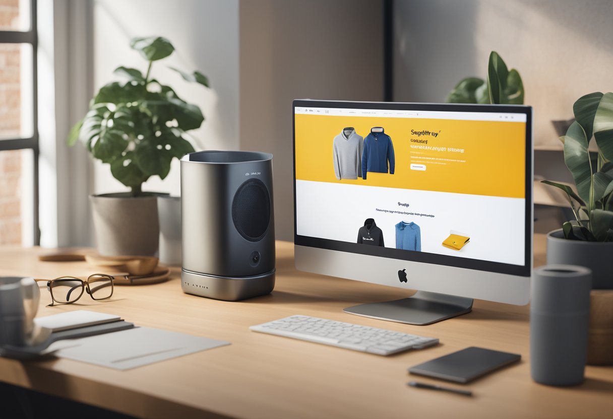 A computer screen displaying a Shopify product page with a section dedicated to frequently asked questions. A stylized "success" icon is prominently featured