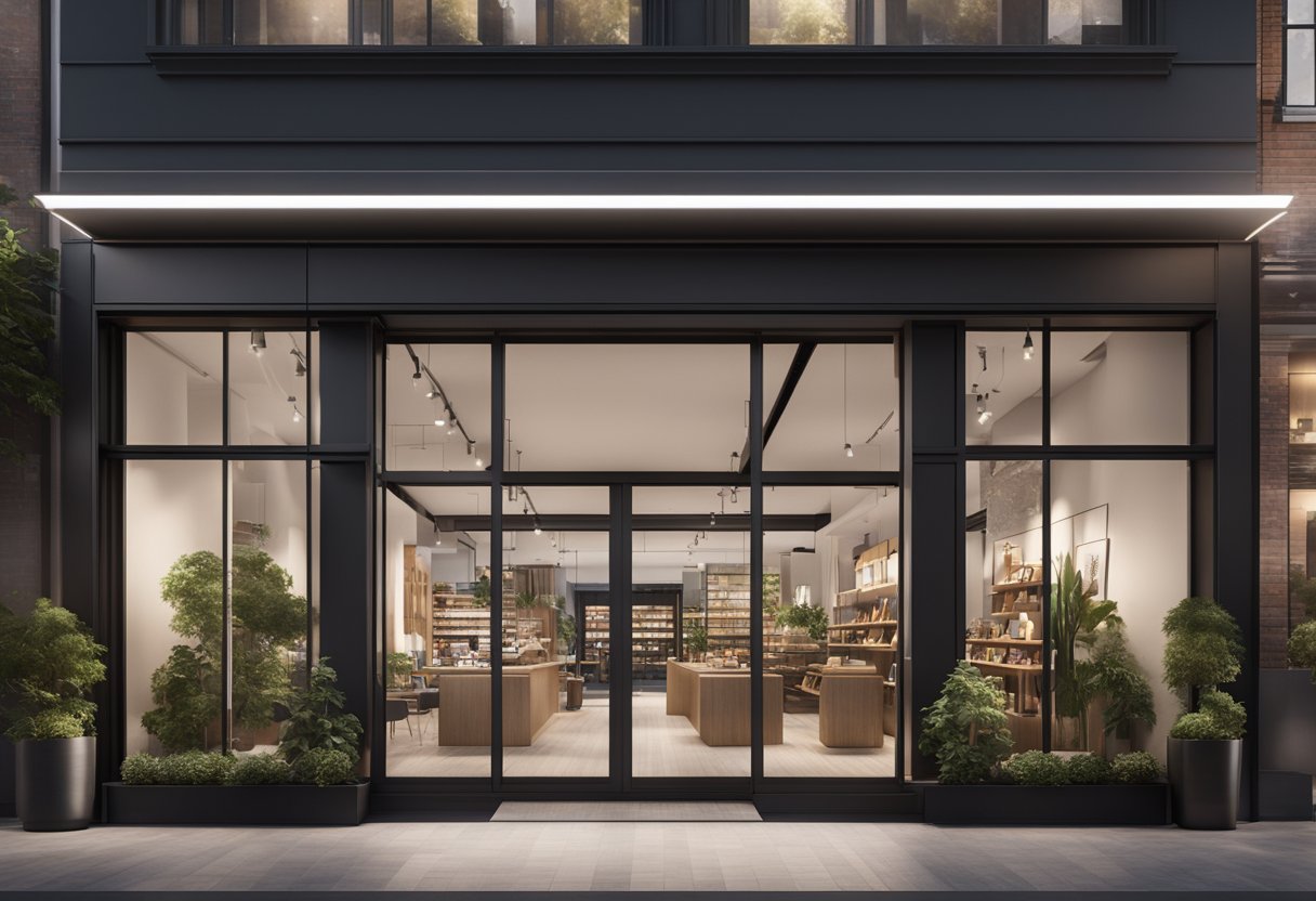 A modern storefront with sleek, customizable design elements and a welcoming atmosphere