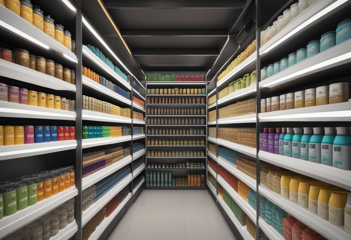 Products arranged in rows by color, size, and type on shelves, with labels for each category