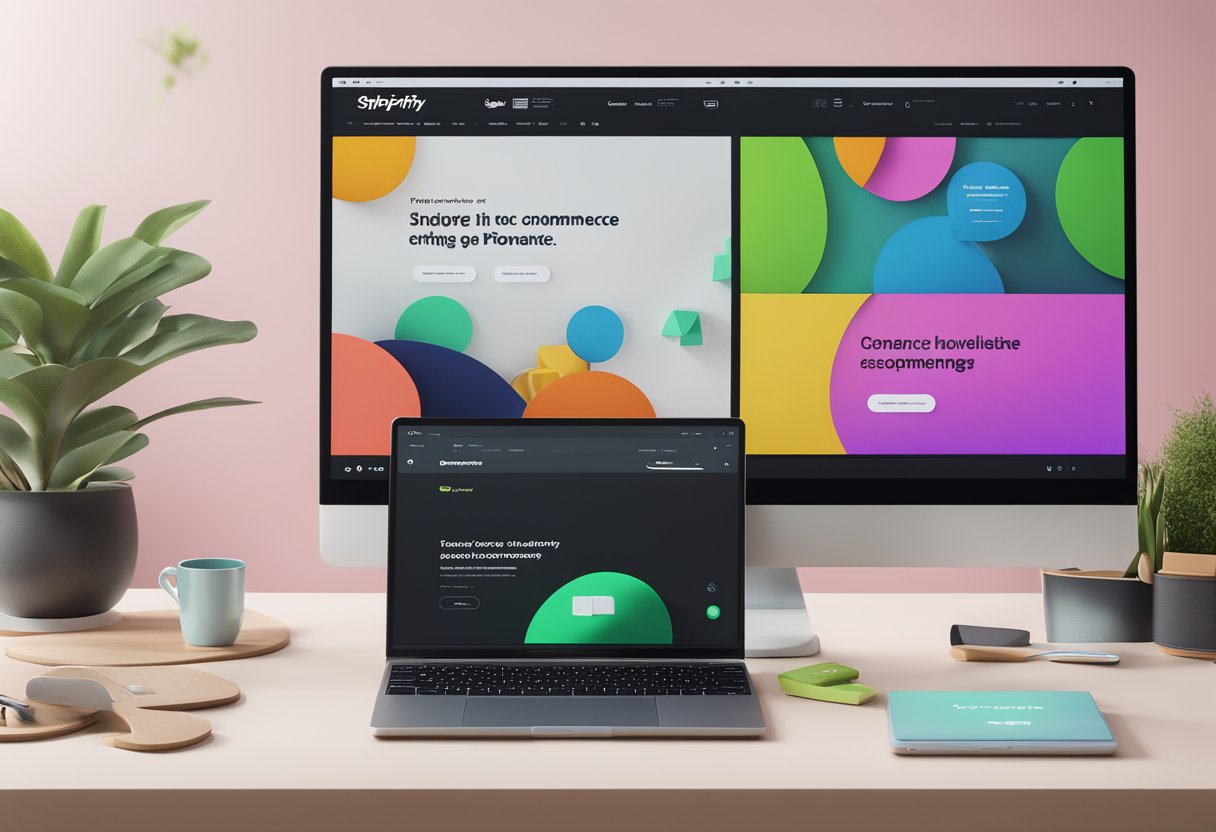 A laptop displaying the Shopify homepage with a sleek, modern design and vibrant colors, surrounded by various e-commerce products and a clean, organized workspace