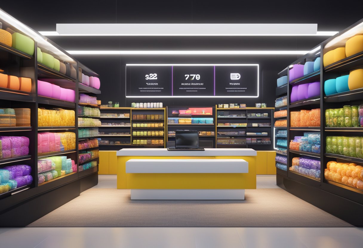 A sleek, modern mobile store interface with vibrant colors and easy navigation. Multiple product categories and a seamless checkout process