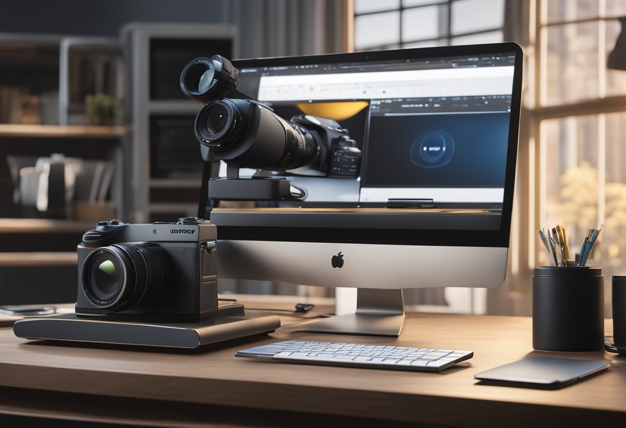 A computer desk with a laptop, camera, and product displayed on a turntable. Lighting equipment and backdrop set up for shooting 360 views
