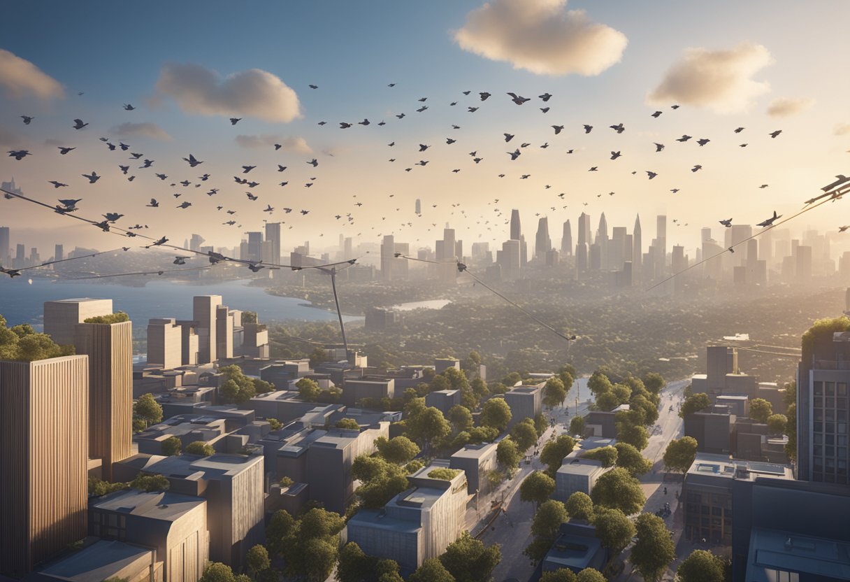 A group of migrating birds flying over a city skyline with Shopify logos and arrows pointing towards the city