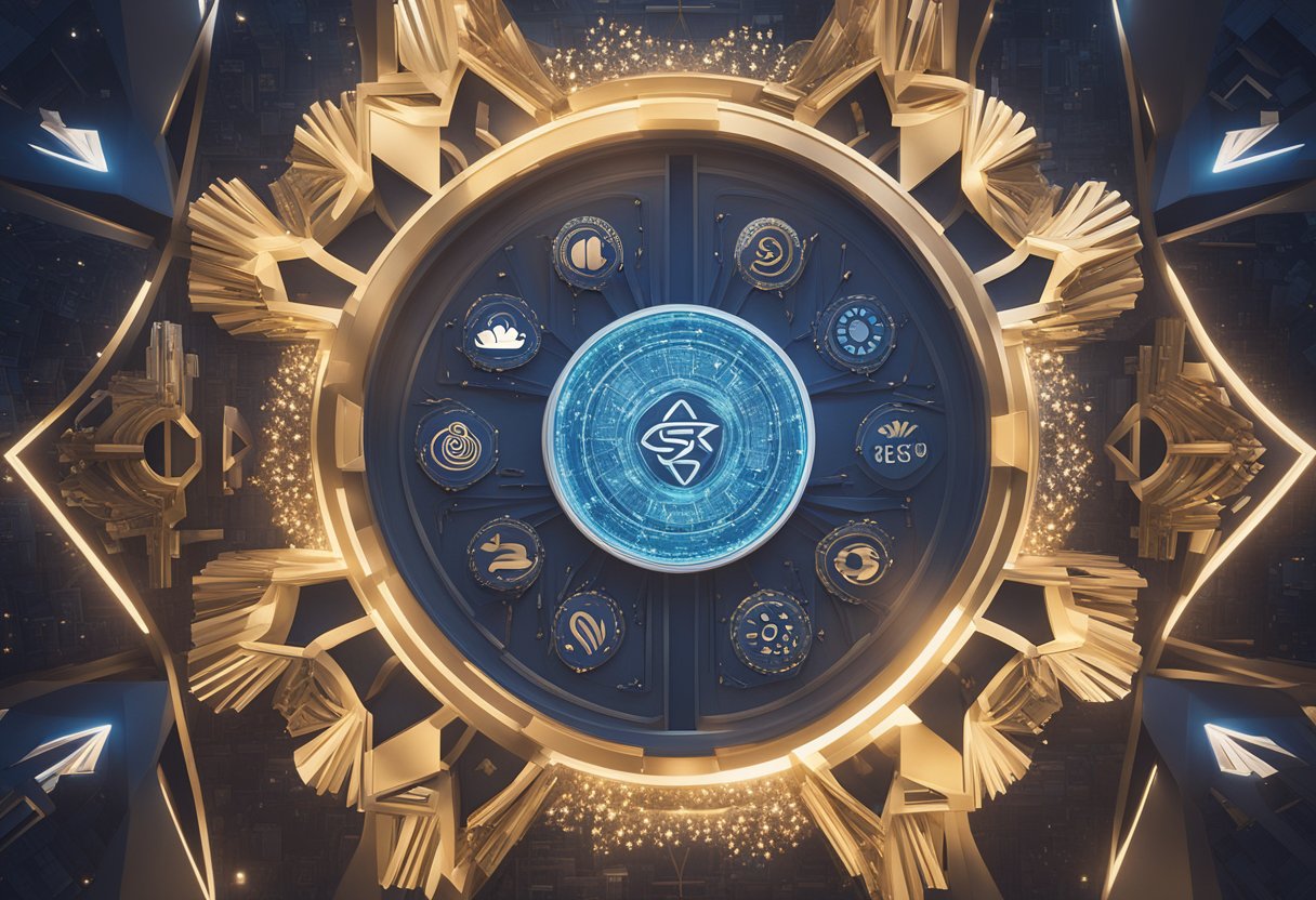 A kaleidoscope of financial symbols swirling around the Shopify logo, representing the brand's equity and dynamic market presence