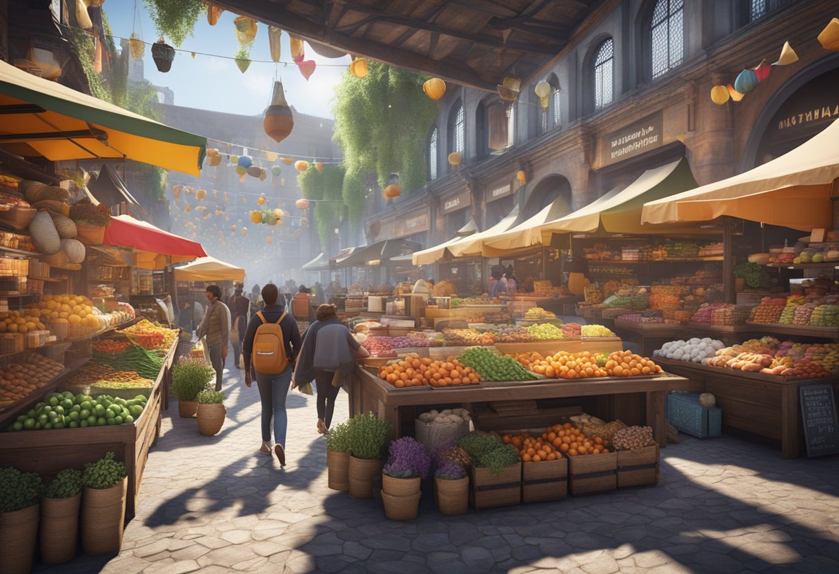 A bustling marketplace with colorful stalls and eager customers browsing products