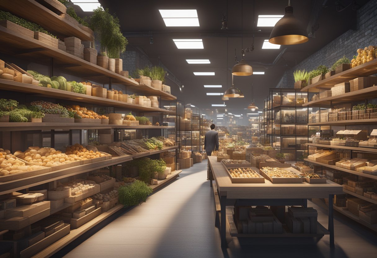 A bustling global marketplace with various products being organized and managed within the Shopify inventory system
