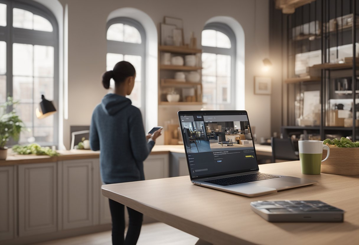 A person seamlessly switches from browsing on a laptop to a smartphone, with the same shopping experience displayed on both devices