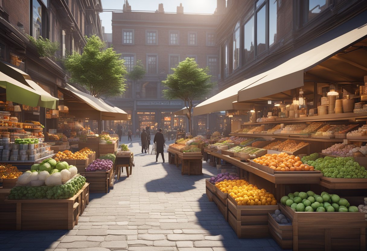 A bustling marketplace with various storefronts and colorful product displays