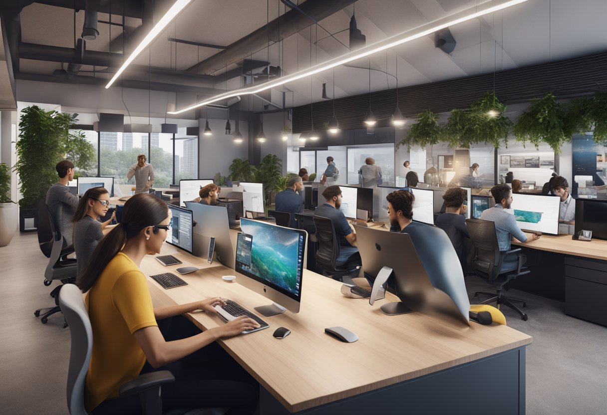 A bustling mobile design agency office with designers collaborating on Shopify Plus designs, while support staff assist clients