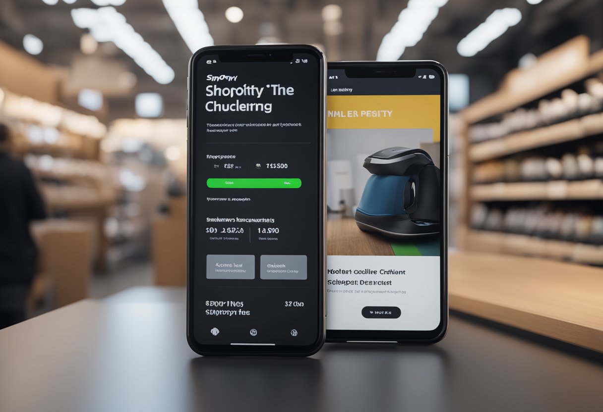 A mobile phone displaying a Shopify checkout screen with mobile-specific features highlighted