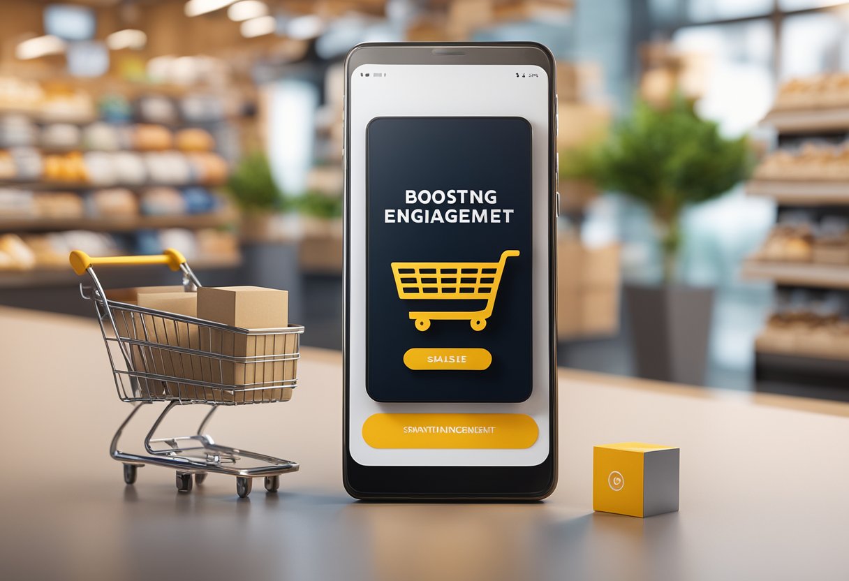 A smartphone displaying an ecommerce website with a "boosting sales and engagement" banner, surrounded by various products and a shopping cart icon