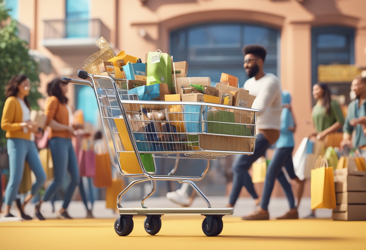 A shopping cart overflowing with products, surrounded by happy customers with arms full of items, while a Shopify logo hovers in the background