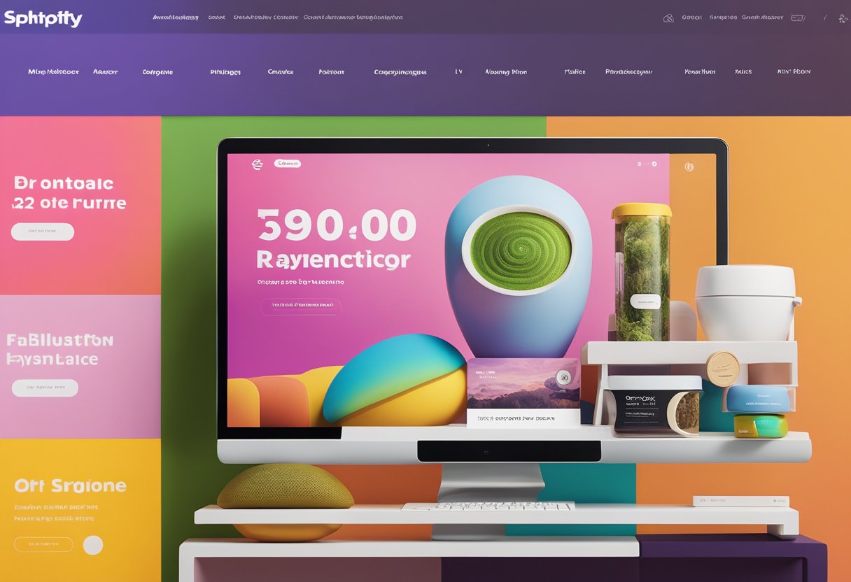 A colorful array of products displayed on a sleek, modern Shopify store homepage, with a seamless navigation menu and eye-catching visuals