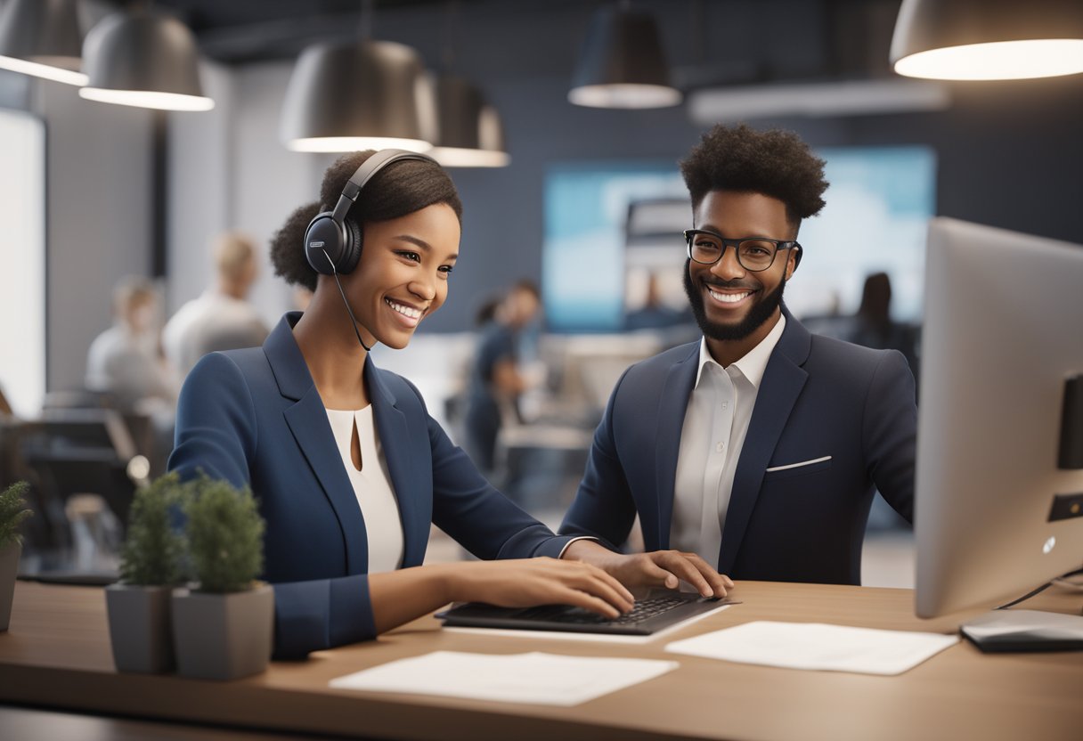 A customer service representative helping a customer with a smile