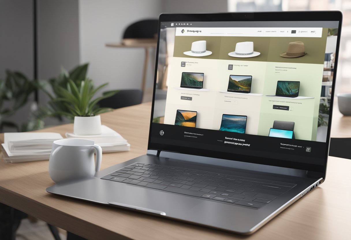 A laptop displaying a Shopify product page with multiple 5-star reviews and positive comments