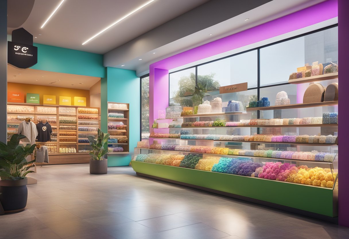 A colorful storefront with a variety of products displayed, a clear and inviting brand logo, and happy customers browsing and making purchases