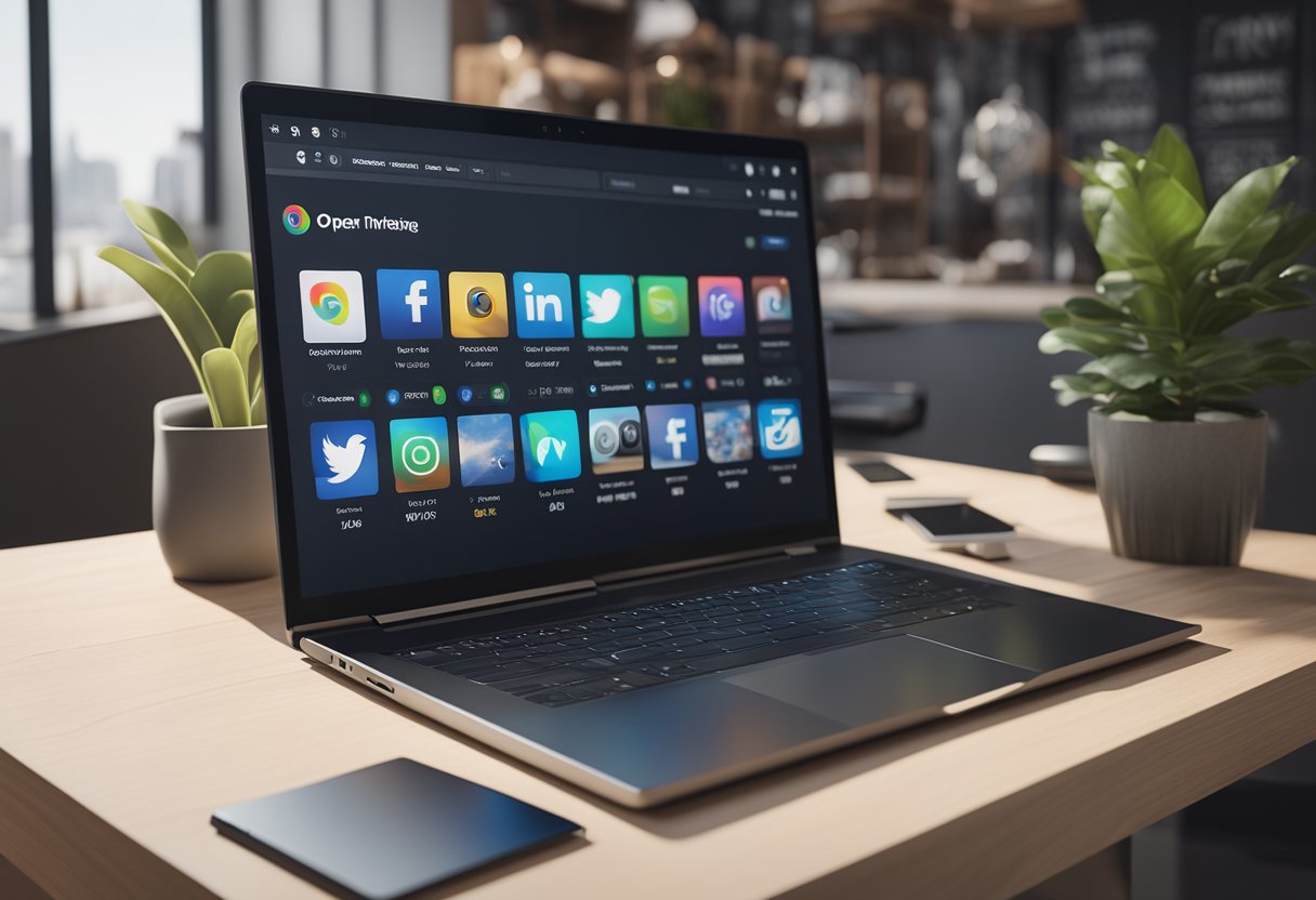A laptop with a Shopify theme open on the screen, surrounded by icons of various social media platforms