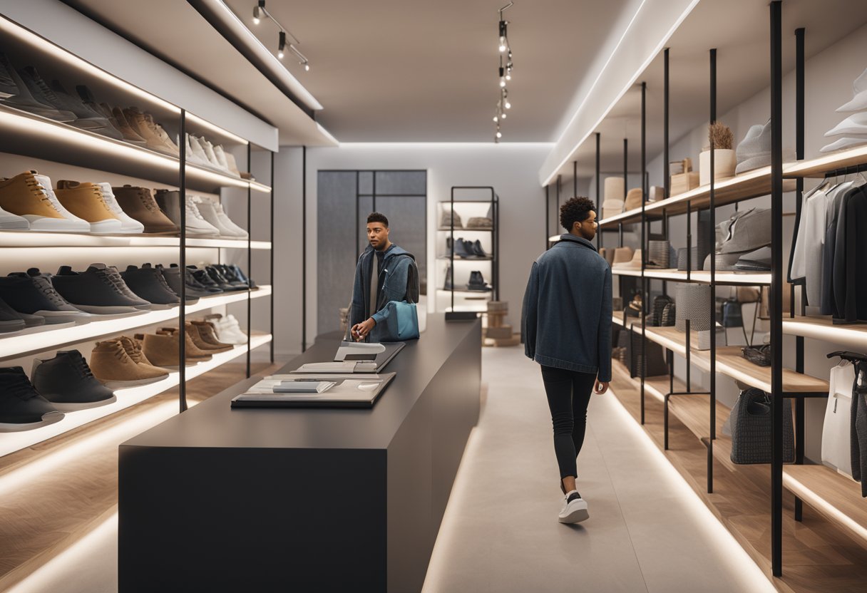 A customer browsing through a modern, sleek online store with customized Shopify branding. The website features a seamless shopping journey with personalized touches throughout