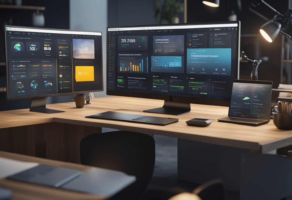 A computer screen with a Shopify dashboard open, surrounded by various automation tools and software icons