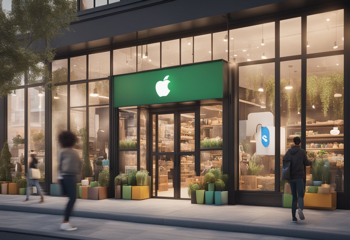 A vibrant storefront with social media icons and a Shopify logo displayed prominently. A seamless integration of online and in-person shopping