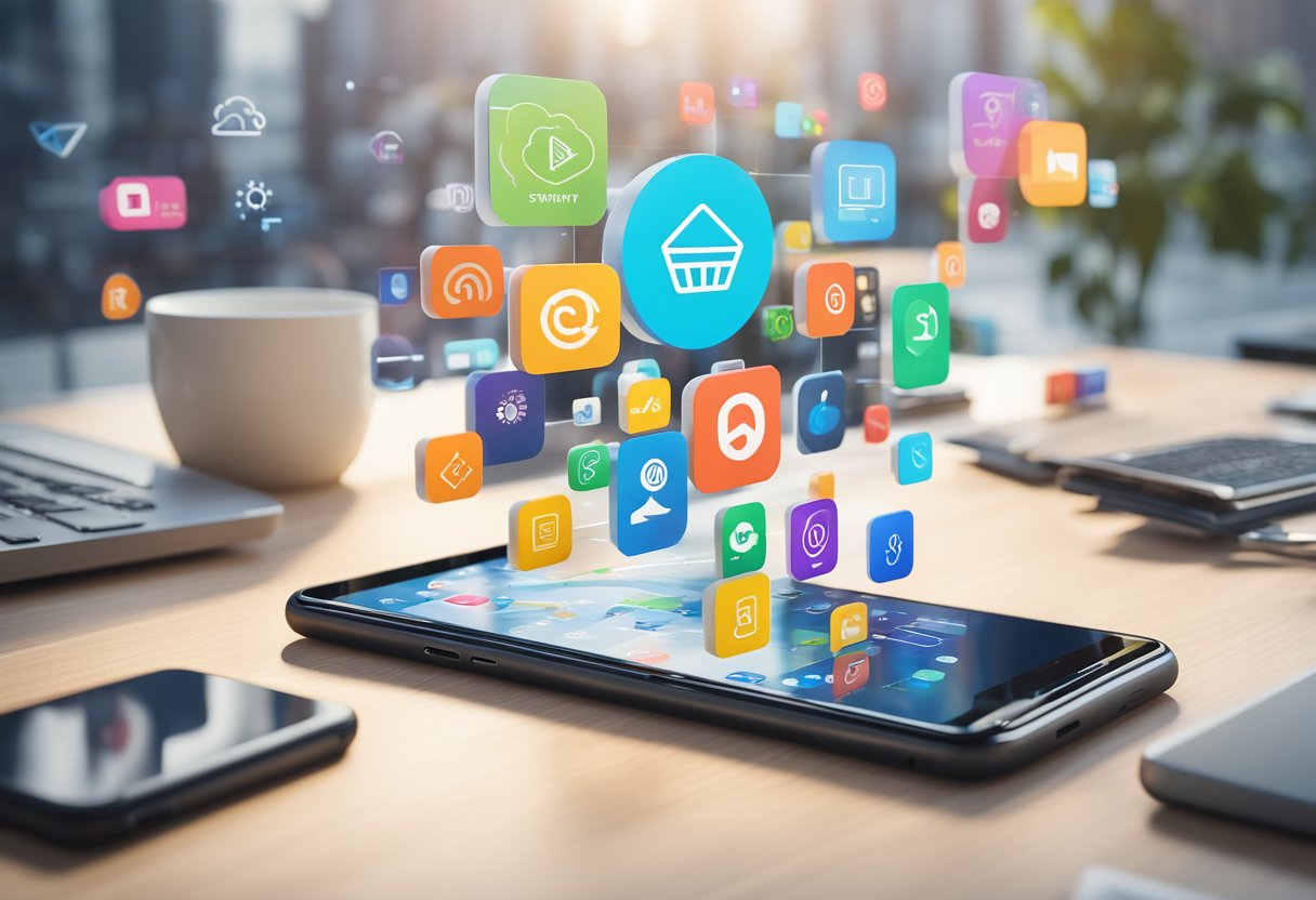 A modern smartphone displaying a Shopify progressive web app, surrounded by various digital marketing icons and symbols, with a graph showing increasing reach and revenue