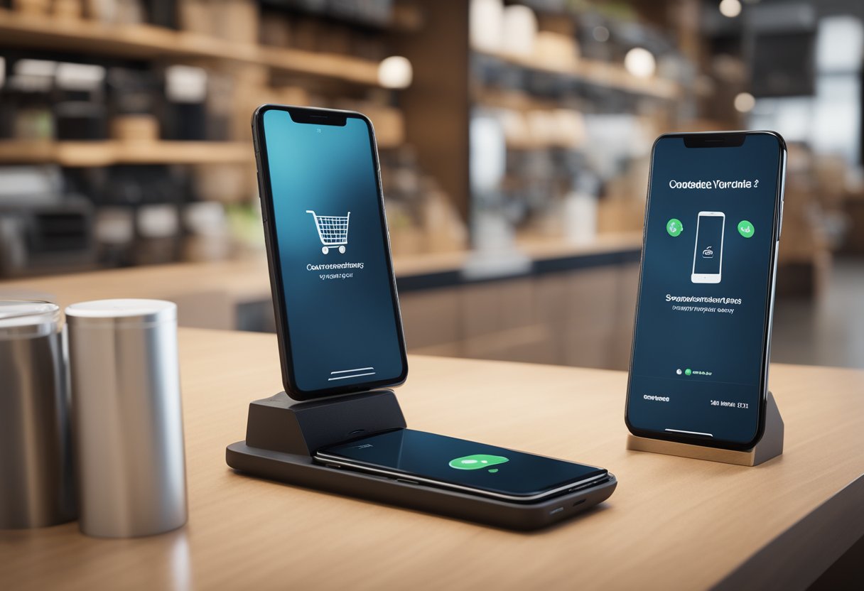 A customer seamlessly connects their smartphone to a Shopify-compatible device at the checkout, completing their purchase with ease
