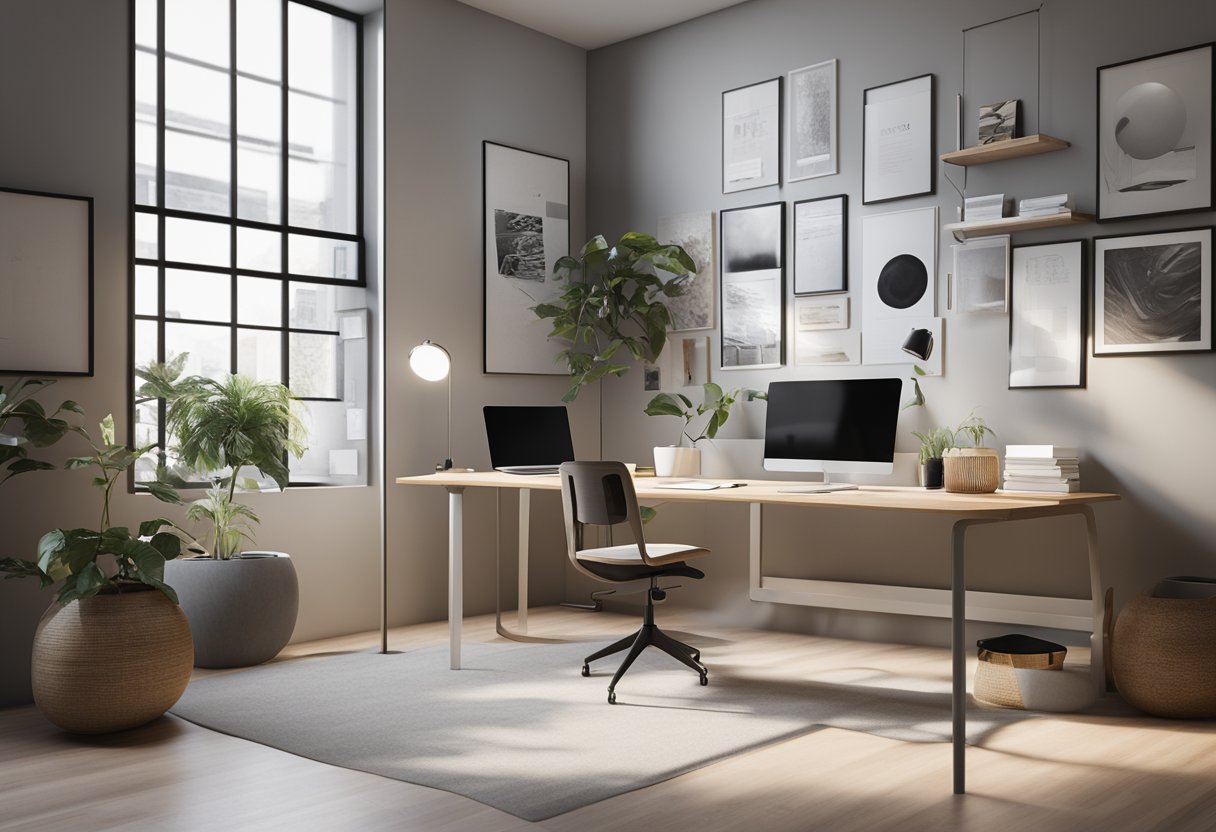 A clean, modern workspace with a computer, branding materials, and a mood board for inspiration