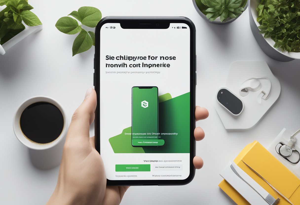 A smartphone displaying a Shopify website with optimized content and high mobile usability, surrounded by SEO-related elements like keywords and search engine icons