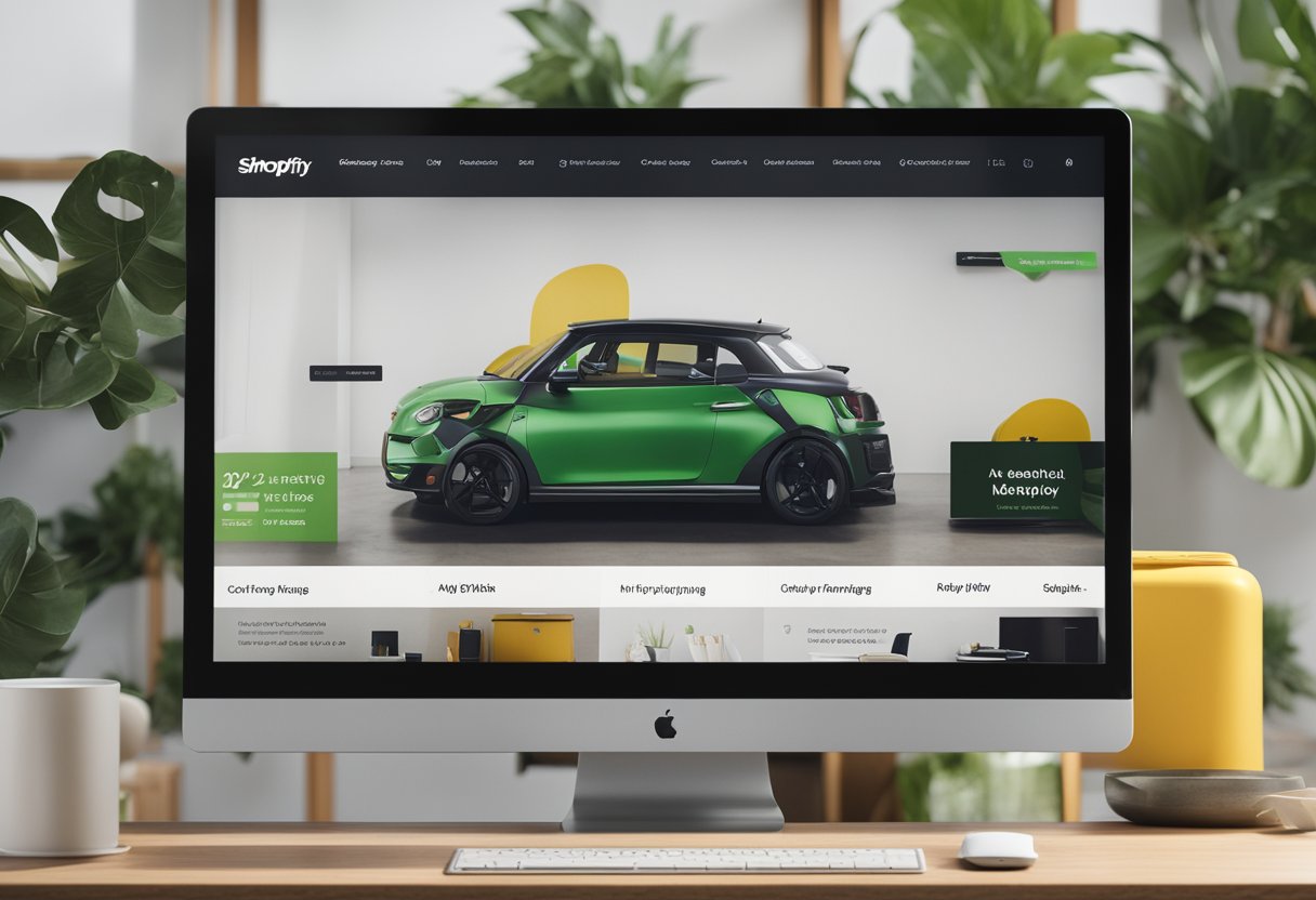 A computer screen displaying a Shopify homepage with clear call-to-action buttons and engaging product images