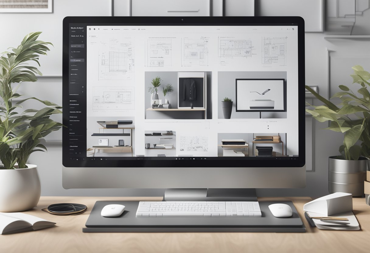 A computer screen displaying a sleek and modern Shopify theme, surrounded by design sketches and notes