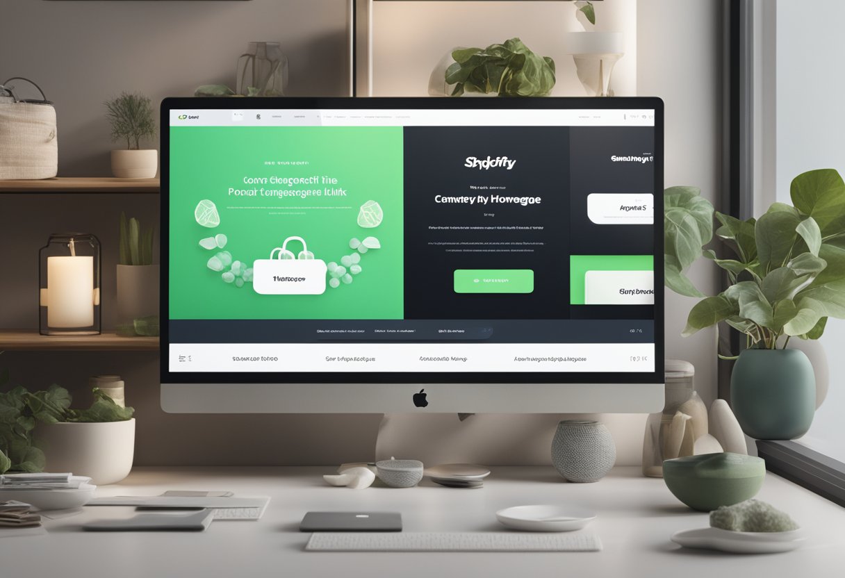 A computer screen displaying a Shopify store homepage with various product categories and links interconnected within the website
