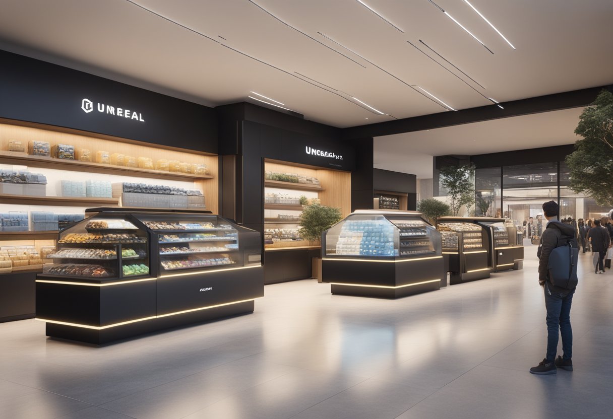 A modern storefront with a secure lock and high-tech security system, surrounded by bustling shoppers and a sleek, efficient checkout process