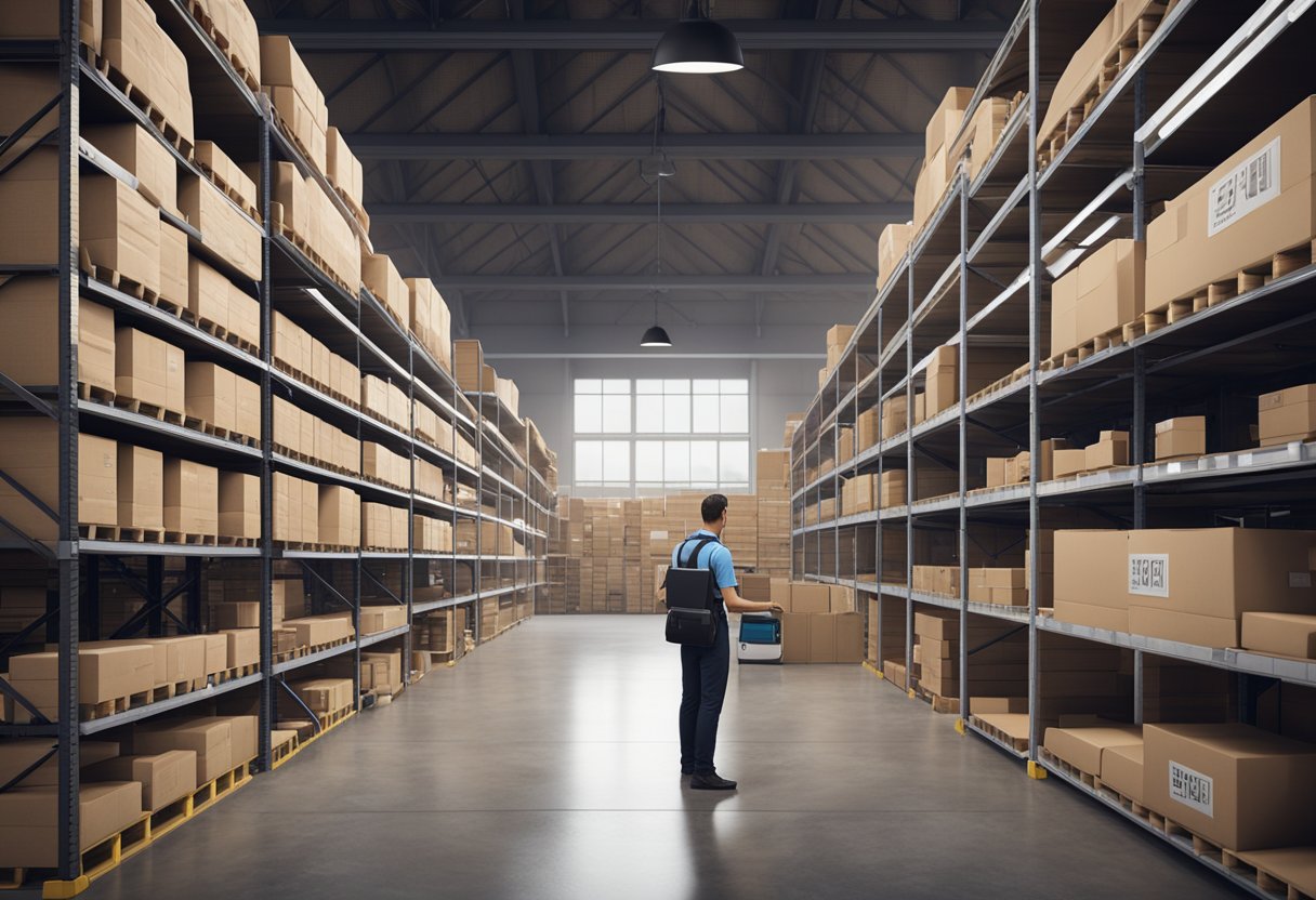 A warehouse with shelves stocked with international goods, a computer displaying a Shopify dashboard, and a customs compliance officer inspecting packages