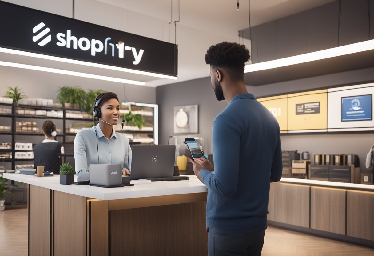 A customer service representative assisting a customer with a product issue, while a warranty symbol is prominently displayed on the Shopify website