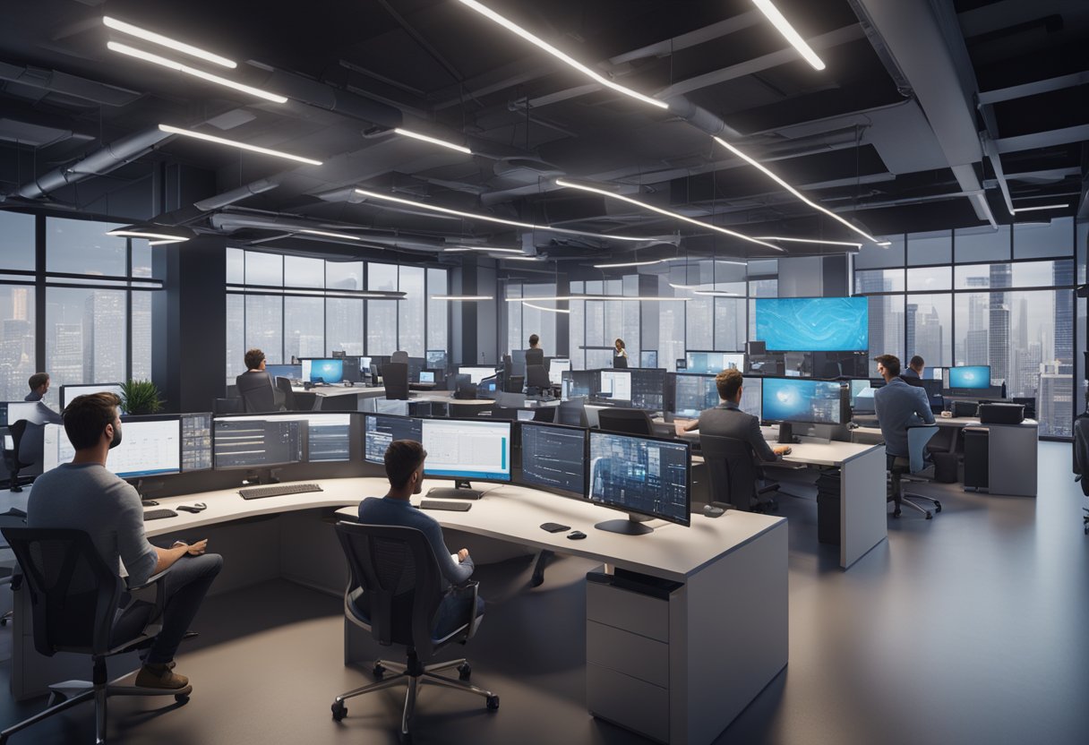 A bustling digital marketing office with team members brainstorming, analyzing data, and implementing strategies on multiple computer screens