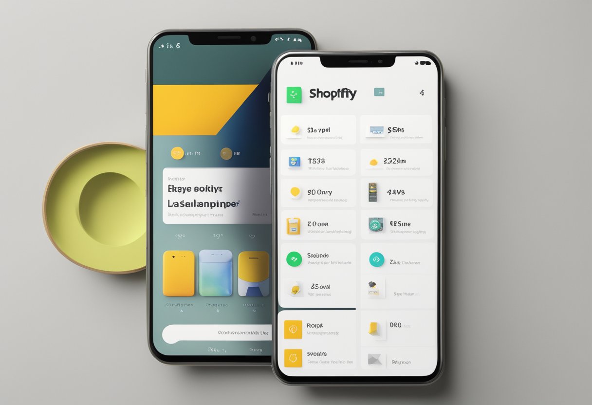 A sleek mobile phone with a Shopify app open, displaying a clean and user-friendly interface with easy navigation and attractive product displays