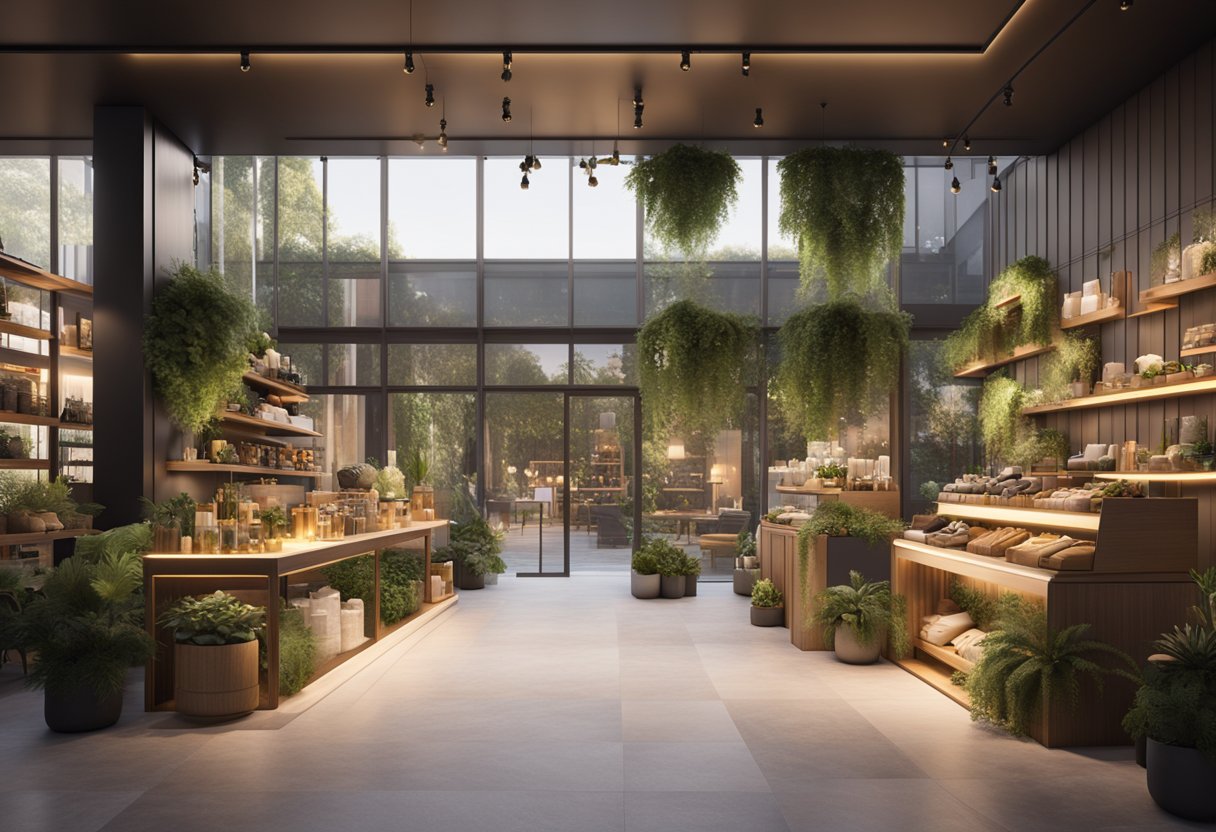 A cozy, modern storefront with warm lighting and inviting displays of products, surrounded by lush greenery and trendy decor