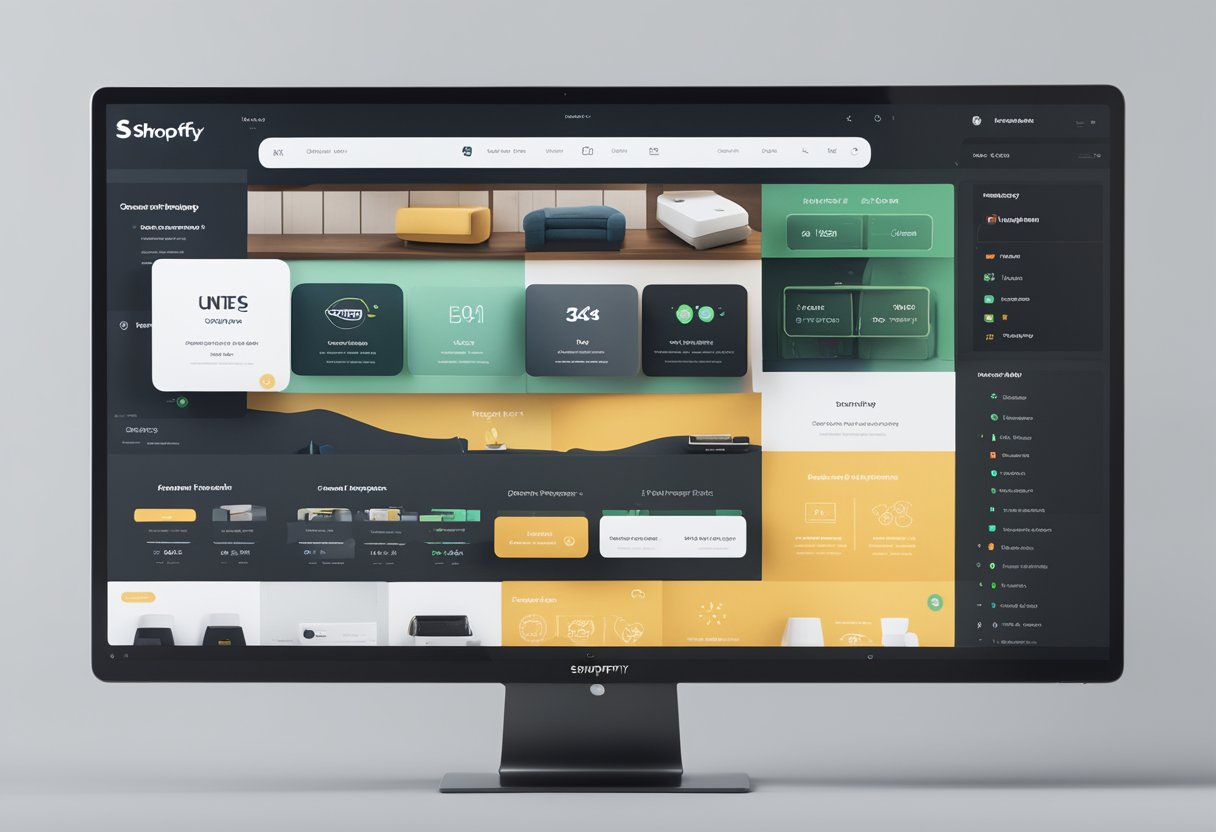 A computer screen displaying the Shopify theme structure with various customization options and settings. Icons and buttons for layout, color, and font customization