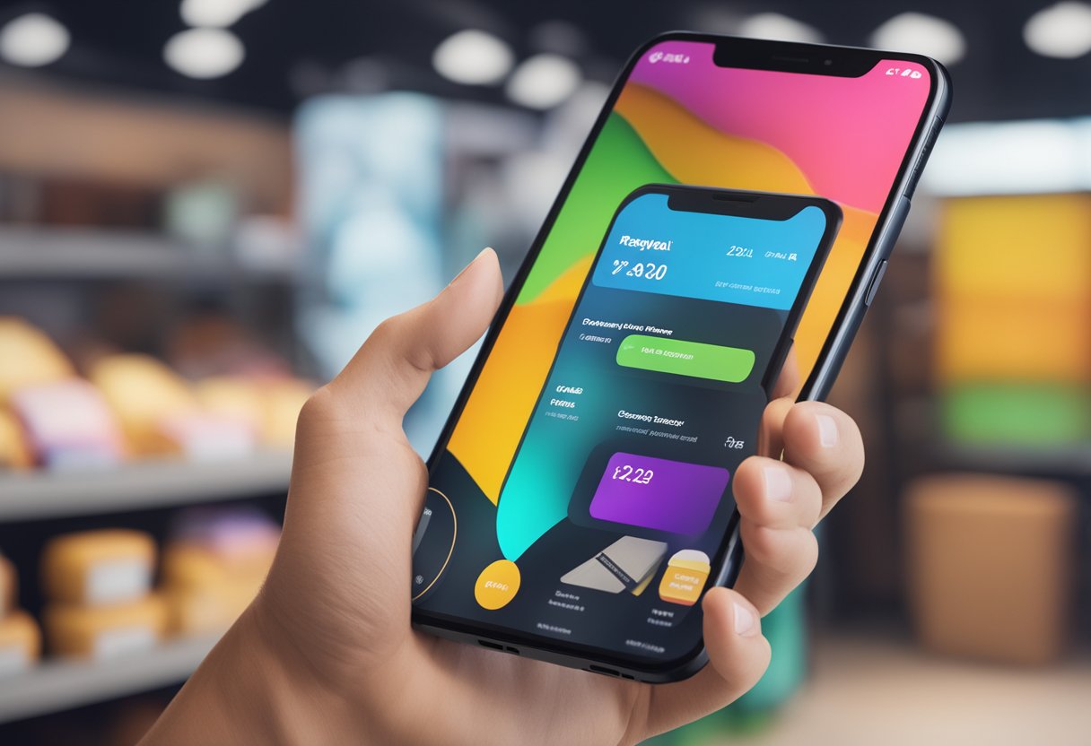 A vibrant mobile screen displaying a seamless Shopify checkout process with various products and a secure payment option