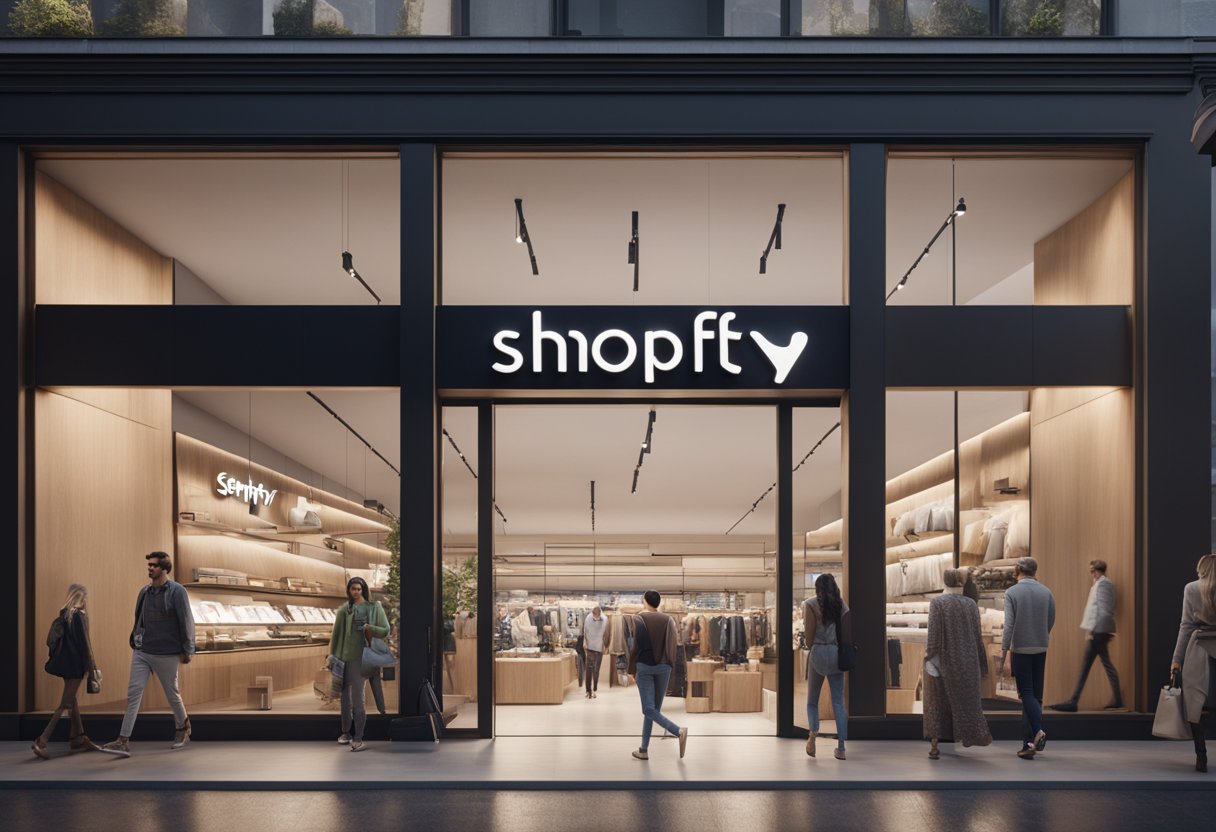 A modern, sleek storefront with the Shopify logo prominently displayed, surrounded by happy customers browsing and making purchases