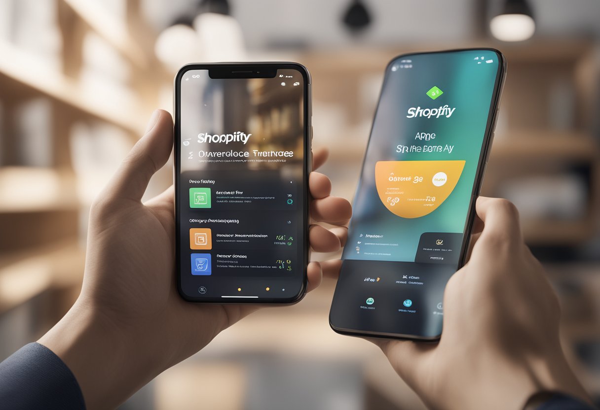 A smartphone displaying the Shopify app with a user-friendly interface, surrounded by various accessible features and innovative design elements