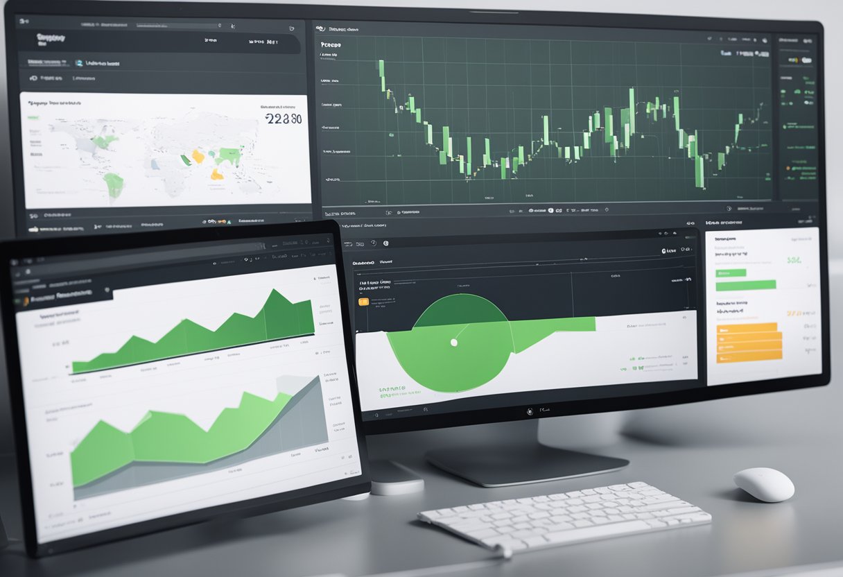A computer screen displaying two different Shopify website layouts with data charts and graphs next to it
