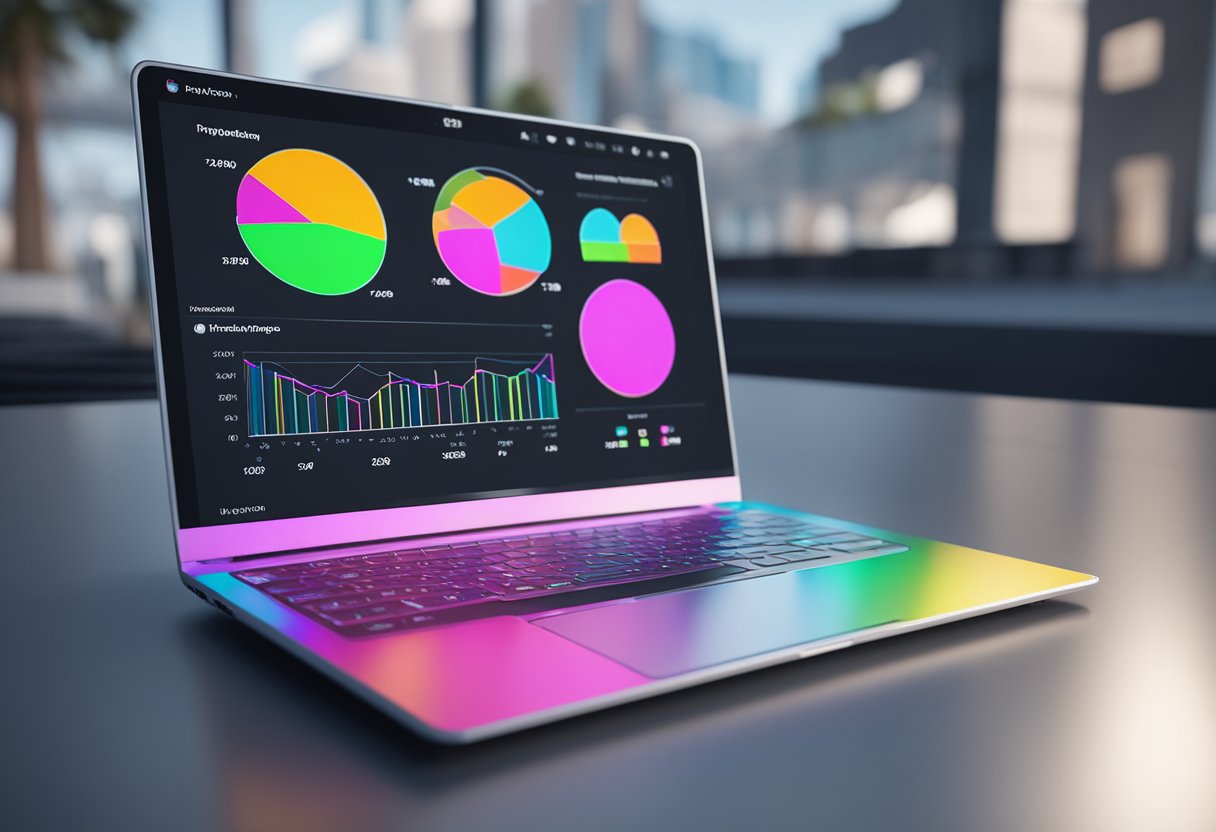 An open laptop displaying a dashboard of colorful graphs and charts, with a stylized shopping cart icon in the center
