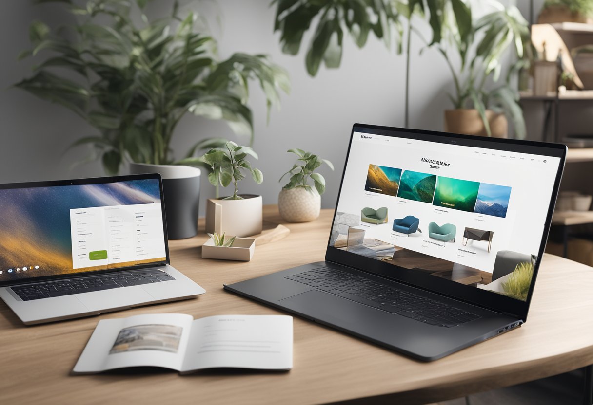 A laptop displaying a Shopify theme with various screen sizes, surrounded by design elements and mockups