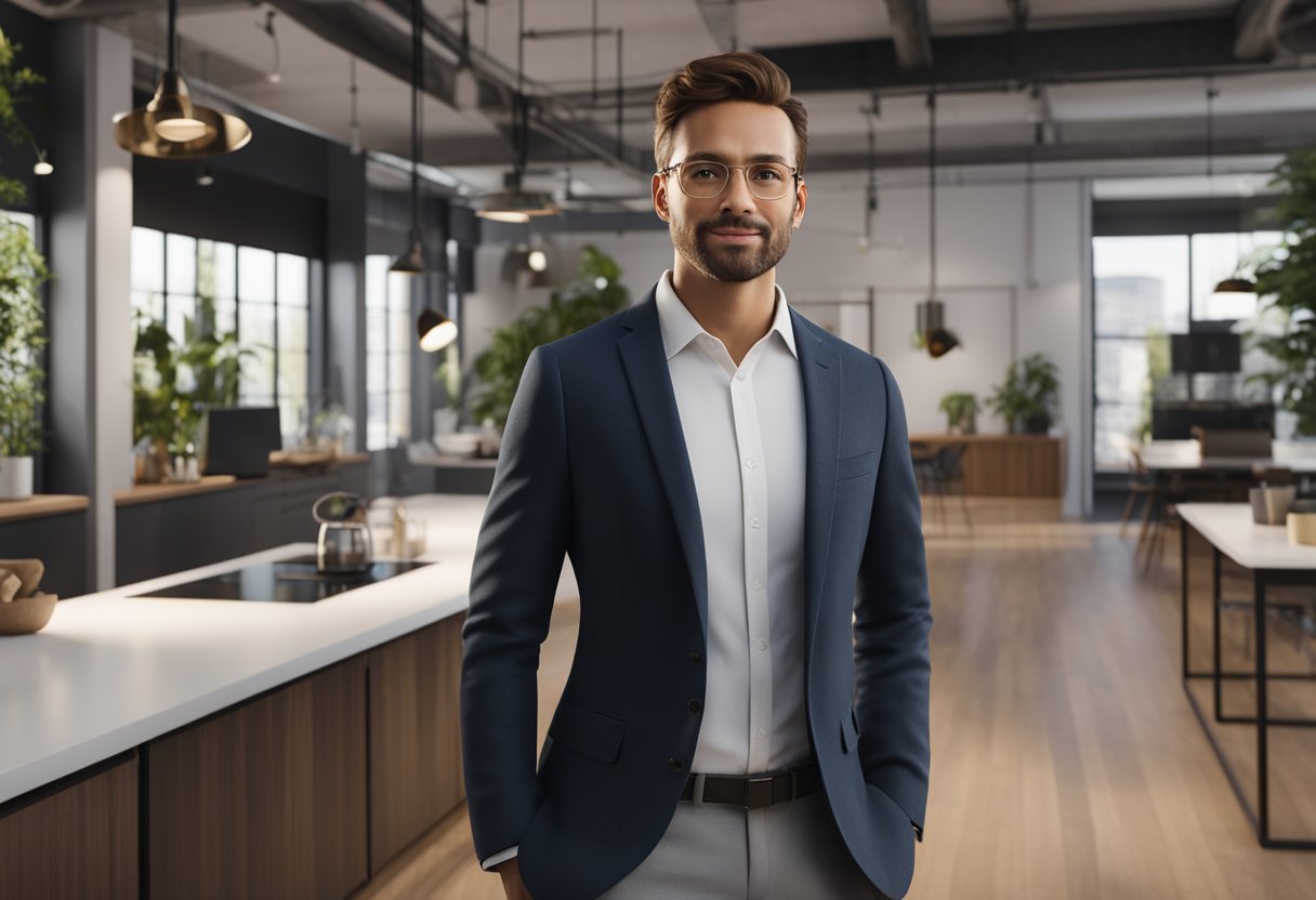 A virtual salesperson on a Shopify homepage, pointing to a call-to-action button with a confident expression