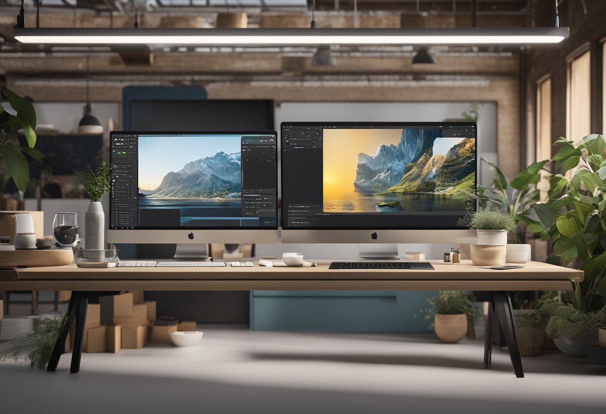 A computer with Shopify open, surrounded by various image editing tools and software